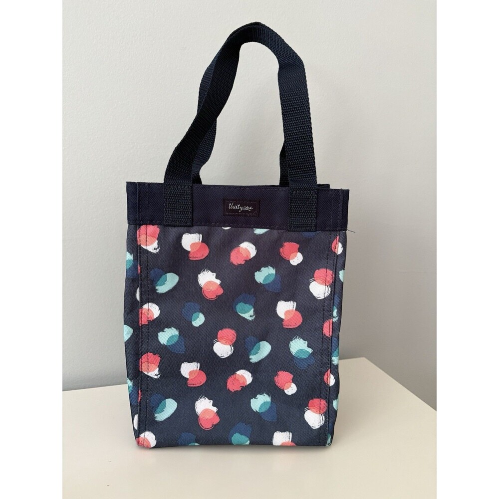 Thirty One Small Essential Storage Tote Navy Blue Painted Dot Trio EUC 7x10x5